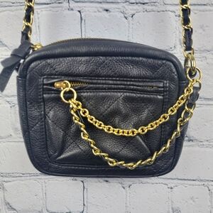 NWOT Betsey Johnson Small Black Leather Handbag with Gold Chain Detail